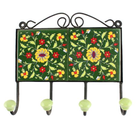 Forest Green Floral Ceramic Tile Hook